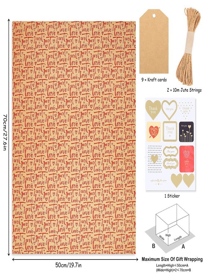 Geluode Valentines Day Wrapping Paper, Kraft Valentines Wrapping Paper 20x28 Per Sheet(9 Sheets:34 sq.ft.ttl.) w/Jute Strings, Stickers and Tags, Gift Wrap for Valentines Day, Lover Birthday, Wedding - Image 3